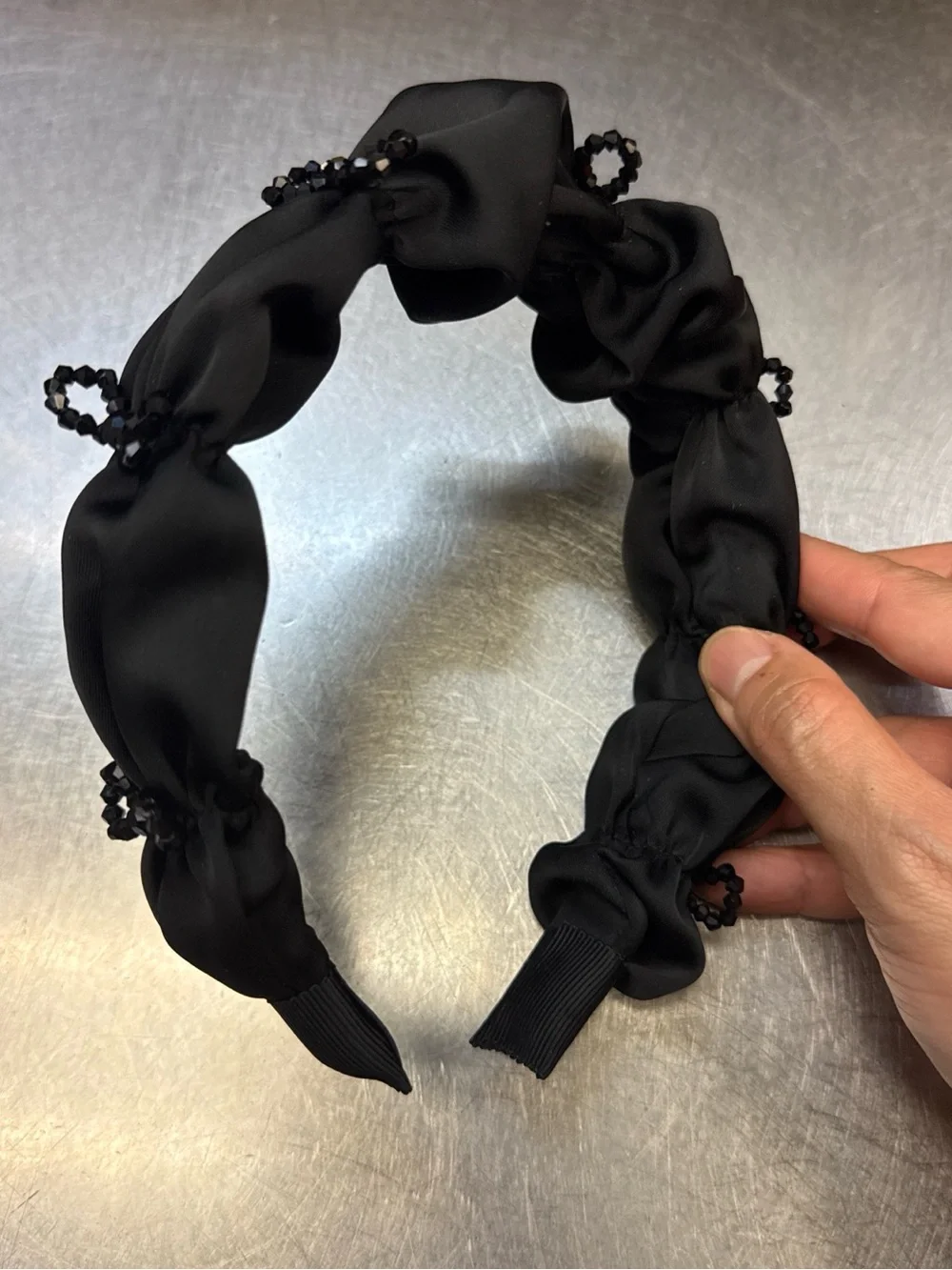 Black Satin Beaded Knotted Headband